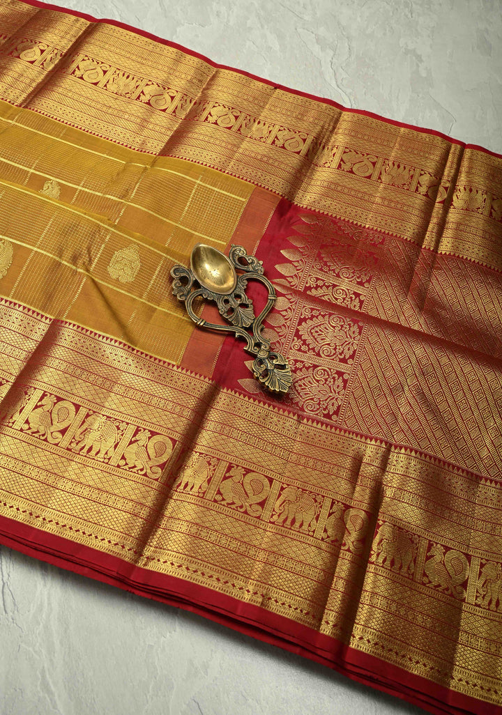 Honey color Gadwal Pure Silk Saree with Zari Checks Podi kattam and Wide Border | SILK MARK CERTIFIED