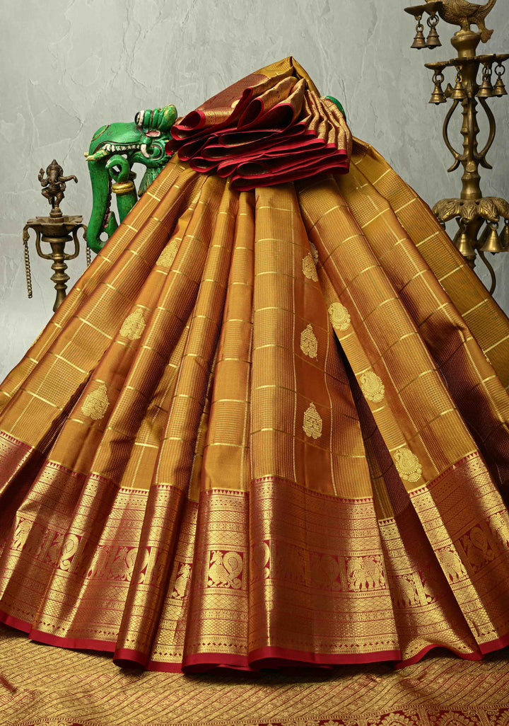 Honey color Gadwal Pure Silk Saree with Zari Checks Podi kattam and Wide Border | SILK MARK CERTIFIED