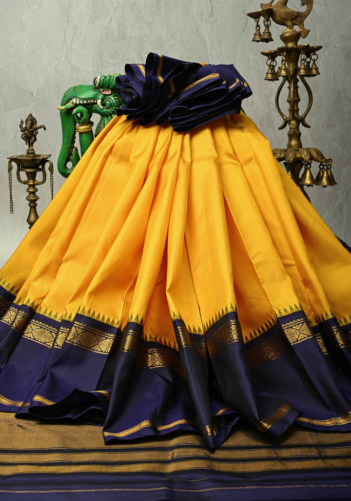 Yellow Gadwal Silk Saree with Contrast Rettaipet Zari Border | SILK MARK CERTIFIED