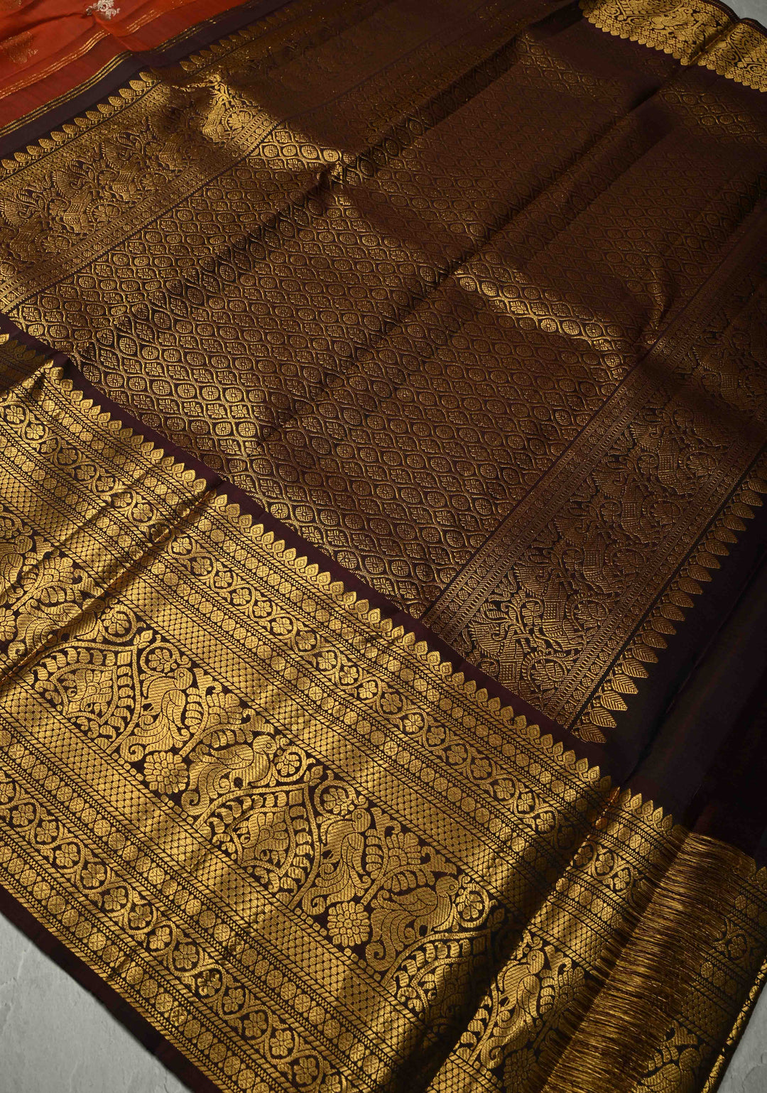 Rust Orange Gadwal Silk Saree with Gold-Silver Buttas and Wide Contrast Zari Border | SILK MARK CERTIFIED