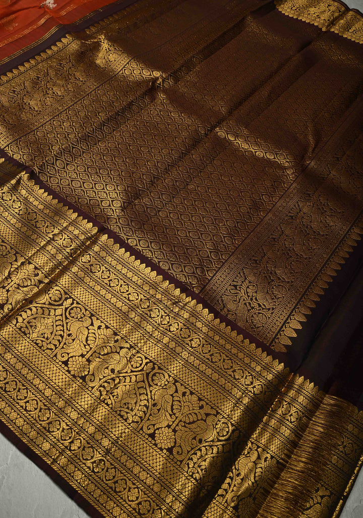 Rust Orange Gadwal Silk Saree with Gold-Silver Buttas and Wide Contrast Zari Border | SILK MARK CERTIFIED