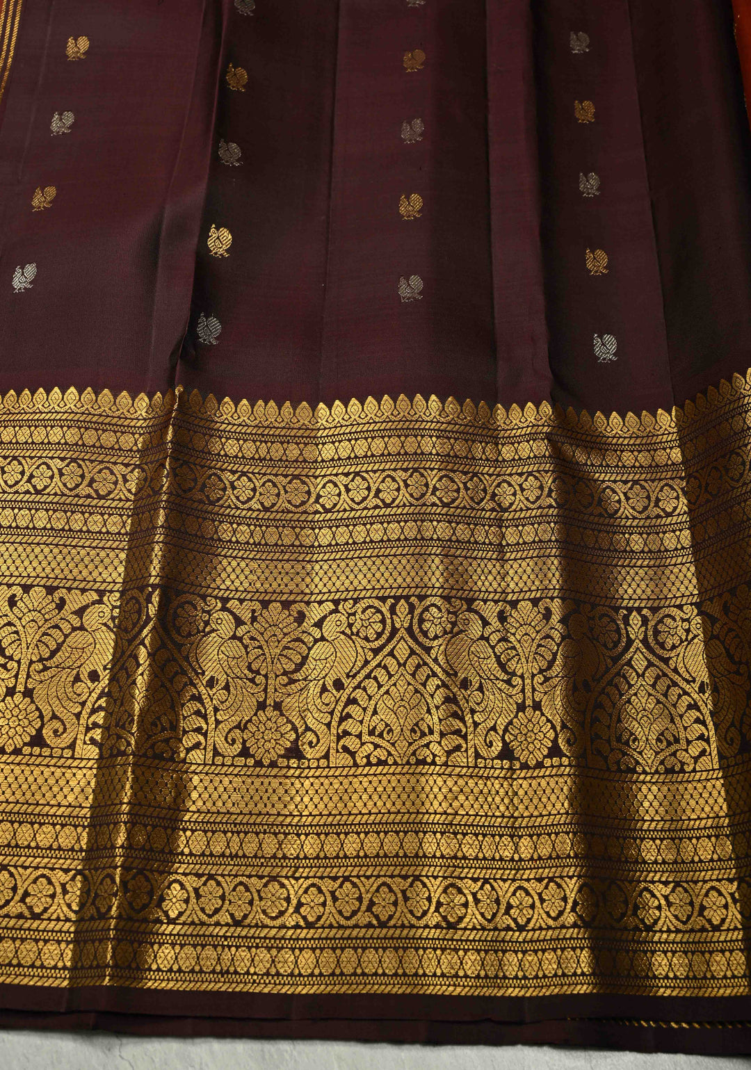 Rust Orange Gadwal Silk Saree with Gold-Silver Buttas and Wide Contrast Zari Border | SILK MARK CERTIFIED