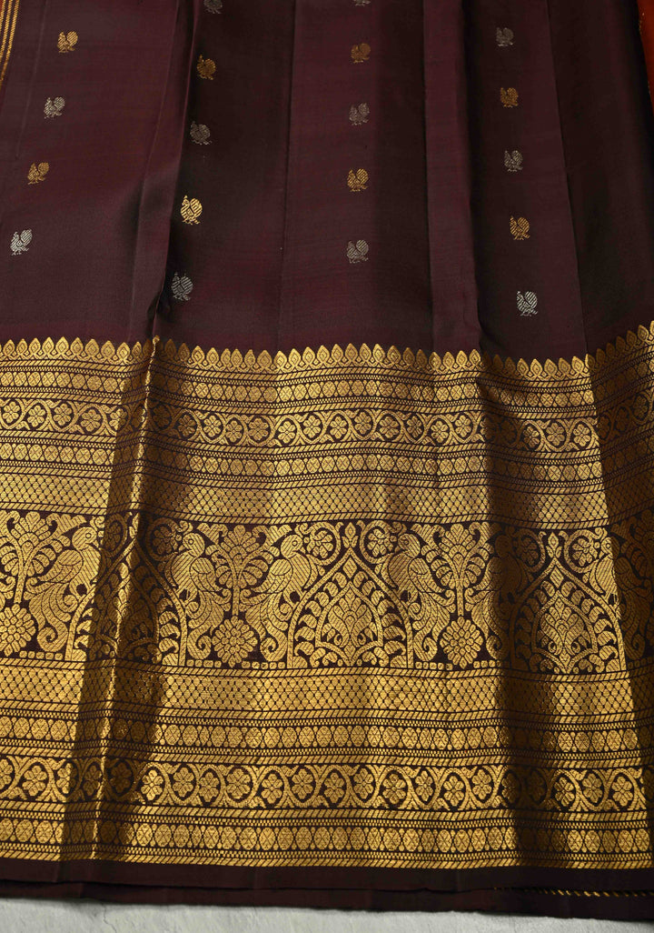 Rust Orange Gadwal Silk Saree with Gold-Silver Buttas and Wide Contrast Zari Border | SILK MARK CERTIFIED