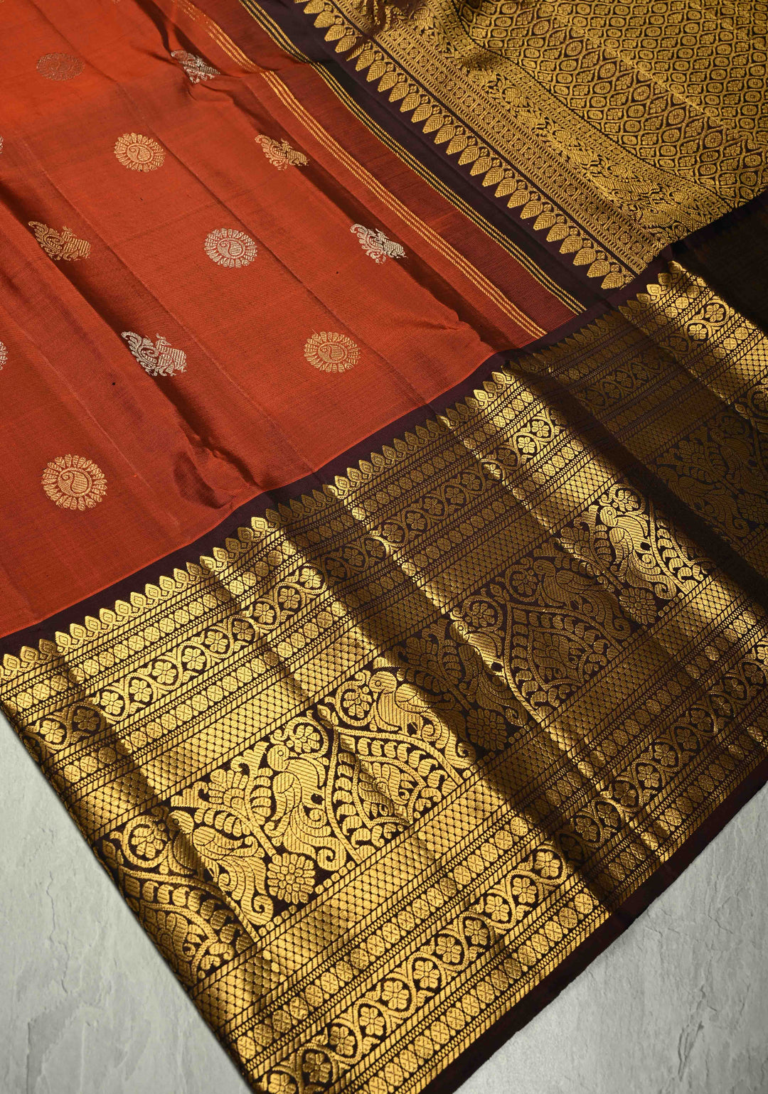 Rust Orange Gadwal Silk Saree with Gold-Silver Buttas and Wide Contrast Zari Border | SILK MARK CERTIFIED