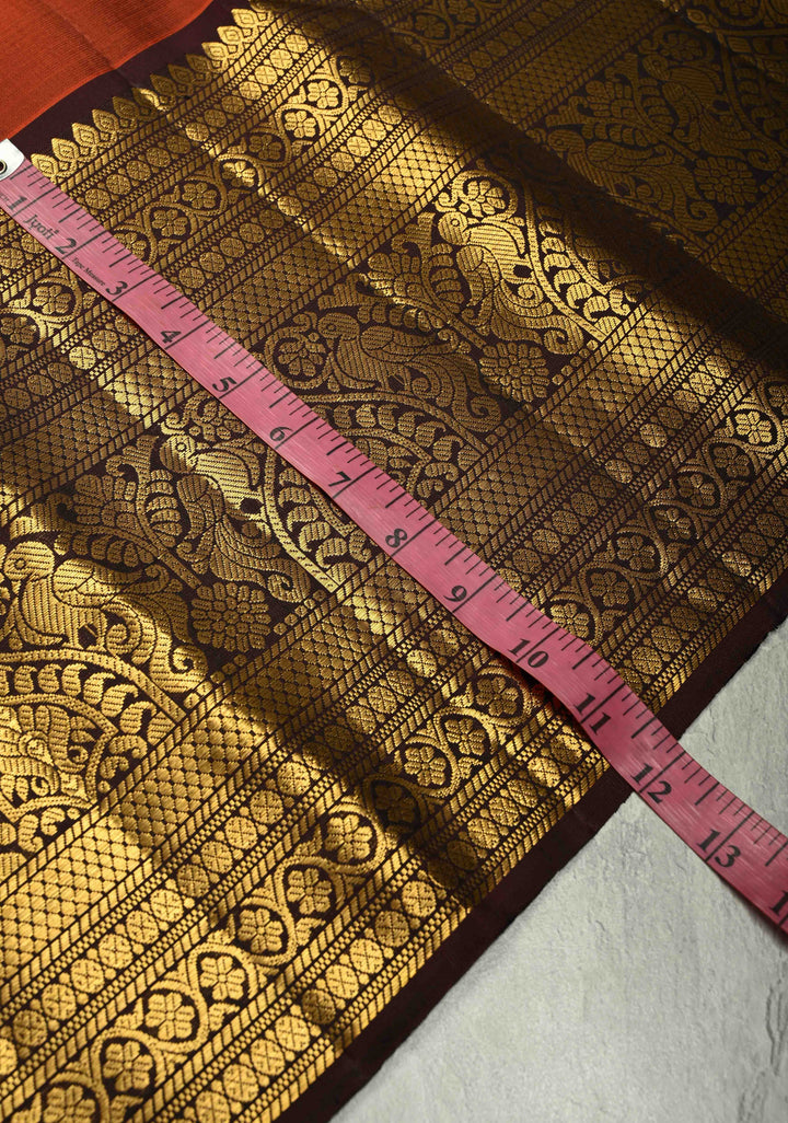 Rust Orange Gadwal Silk Saree with Gold-Silver Buttas and Wide Contrast Zari Border | SILK MARK CERTIFIED