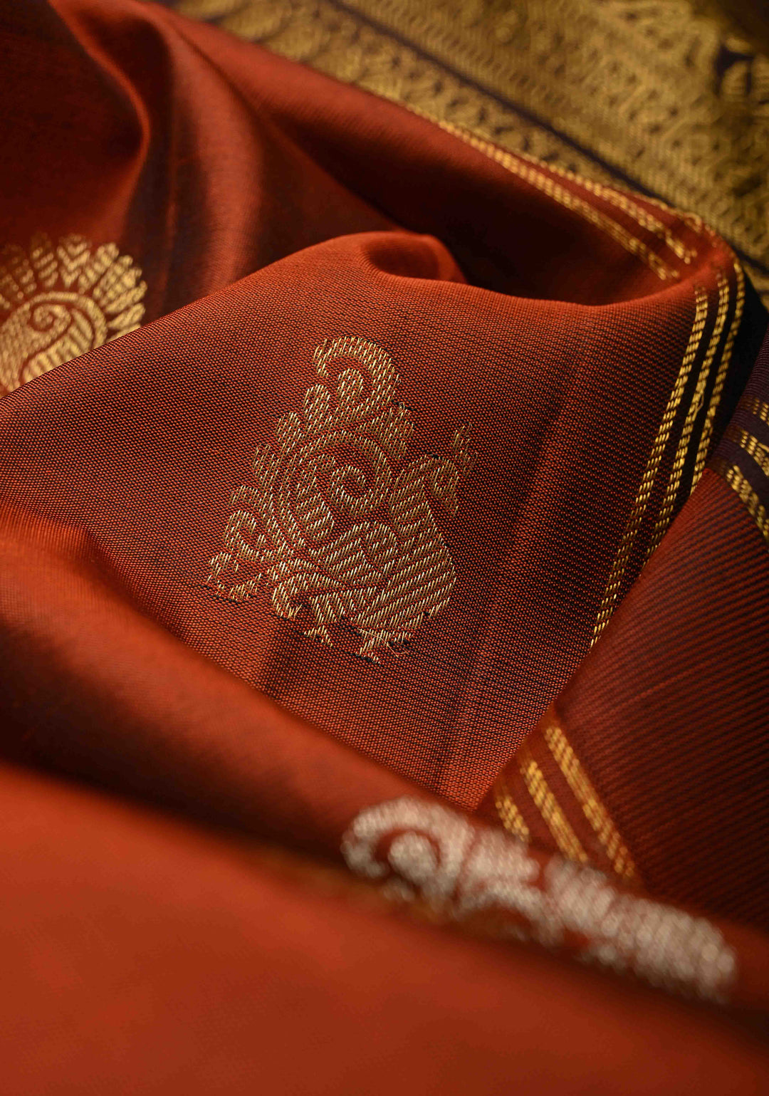 Rust Orange Gadwal Silk Saree with Gold-Silver Buttas and Wide Contrast Zari Border | SILK MARK CERTIFIED