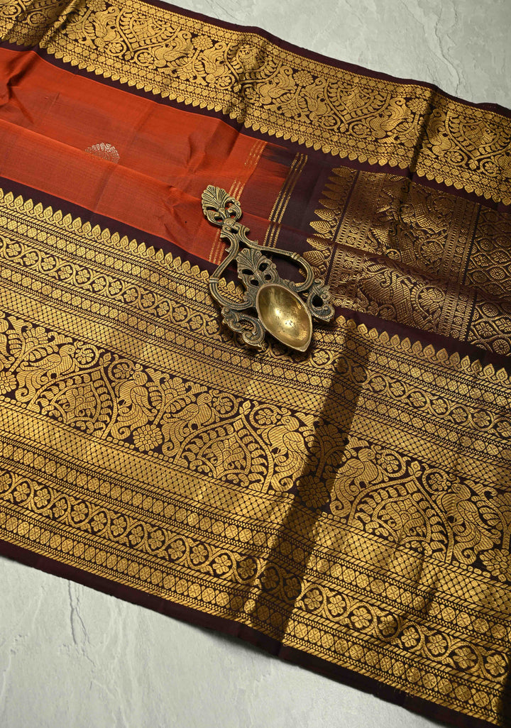 Rust Orange Gadwal Silk Saree with Gold-Silver Buttas and Wide Contrast Zari Border | SILK MARK CERTIFIED