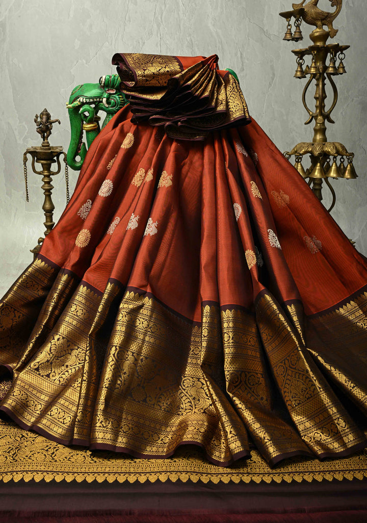 Rust Orange Gadwal Silk Saree with Gold-Silver Buttas and Wide Contrast Zari Border | SILK MARK CERTIFIED