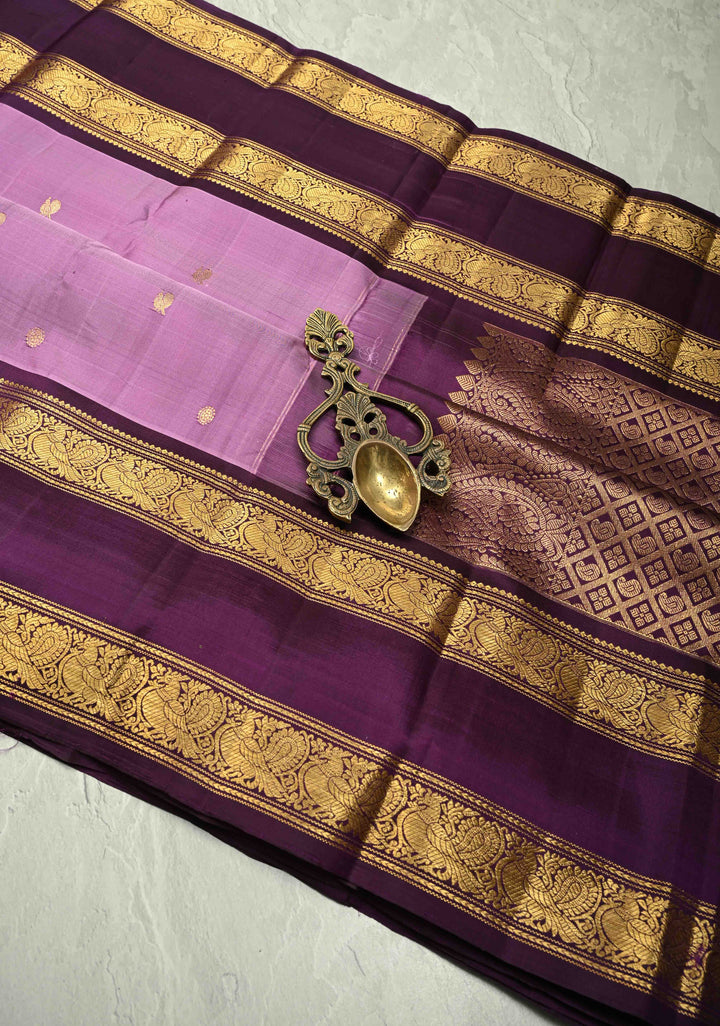 Lavender Blush Gadwal Silk Saree with Zari Buttas and Contrast Rettaipet Border | SILK MARK CERTIFIED