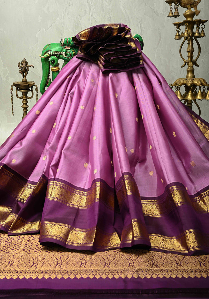 Lavender Blush Gadwal Silk Saree with Zari Buttas and Contrast Rettaipet Border | SILK MARK CERTIFIED