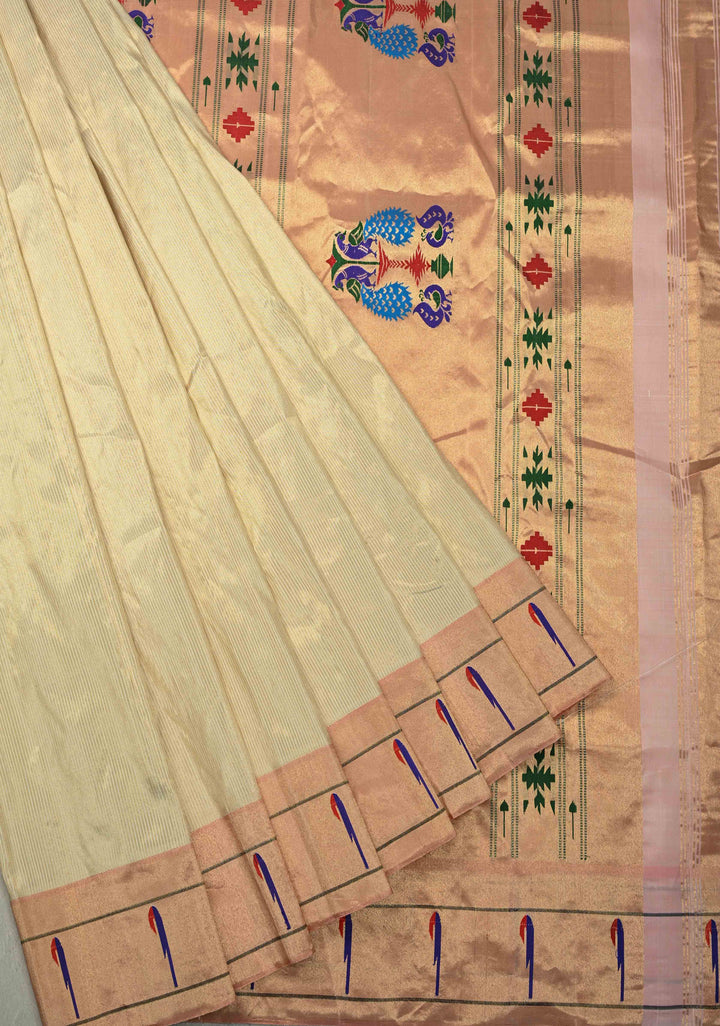 Authentic Off White Yeola Paithani Handloom Silk Saree with Single Muniya Borders and Peacock Motifs on Pallu | SILK MARK CERTIFIED