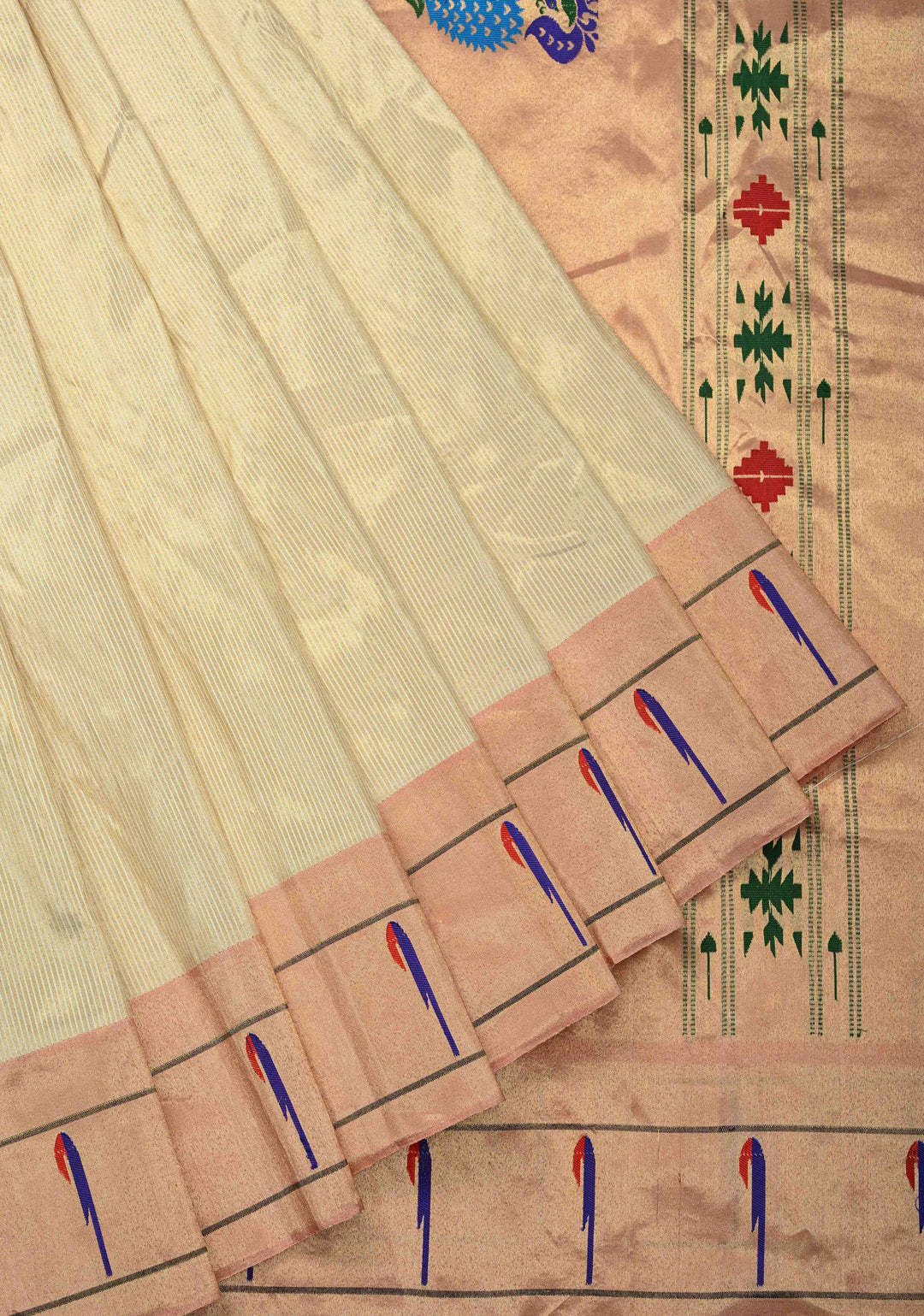 Authentic Off White Yeola Paithani Handloom Silk Saree with Single Muniya Borders and Peacock Motifs on Pallu | SILK MARK CERTIFIED
