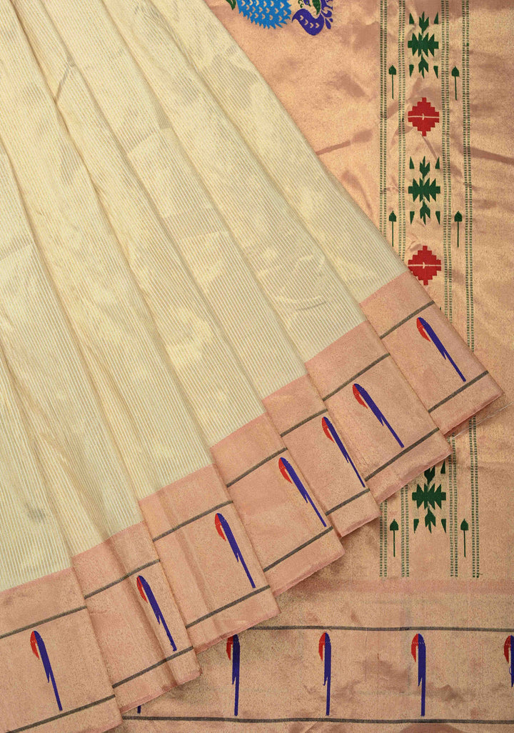 Authentic Off White Yeola Paithani Handloom Silk Saree with Single Muniya Borders and Peacock Motifs on Pallu | SILK MARK CERTIFIED