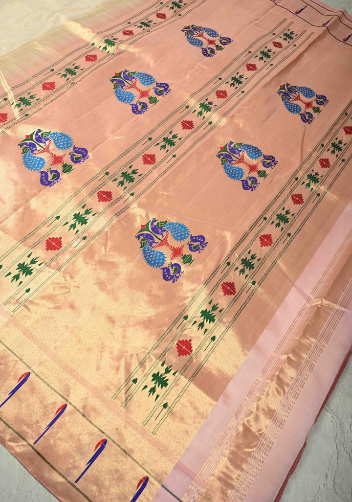Authentic Off White Yeola Paithani Handloom Silk Saree with Single Muniya Borders and Peacock Motifs on Pallu | SILK MARK CERTIFIED