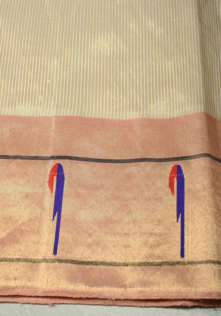 Authentic Off White Yeola Paithani Handloom Silk Saree with Single Muniya Borders and Peacock Motifs on Pallu | SILK MARK CERTIFIED