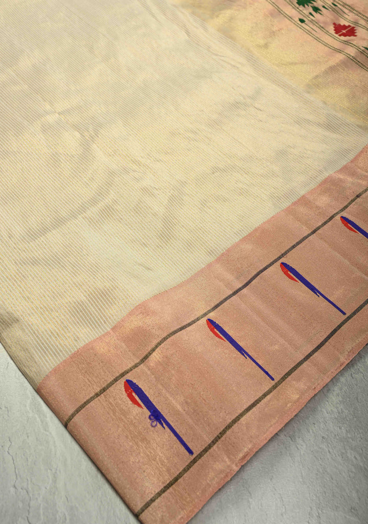 Authentic Off White Yeola Paithani Handloom Silk Saree with Single Muniya Borders and Peacock Motifs on Pallu | SILK MARK CERTIFIED