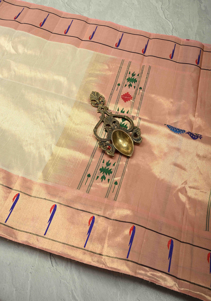 Authentic Off White Yeola Paithani Handloom Silk Saree with Single Muniya Borders and Peacock Motifs on Pallu | SILK MARK CERTIFIED