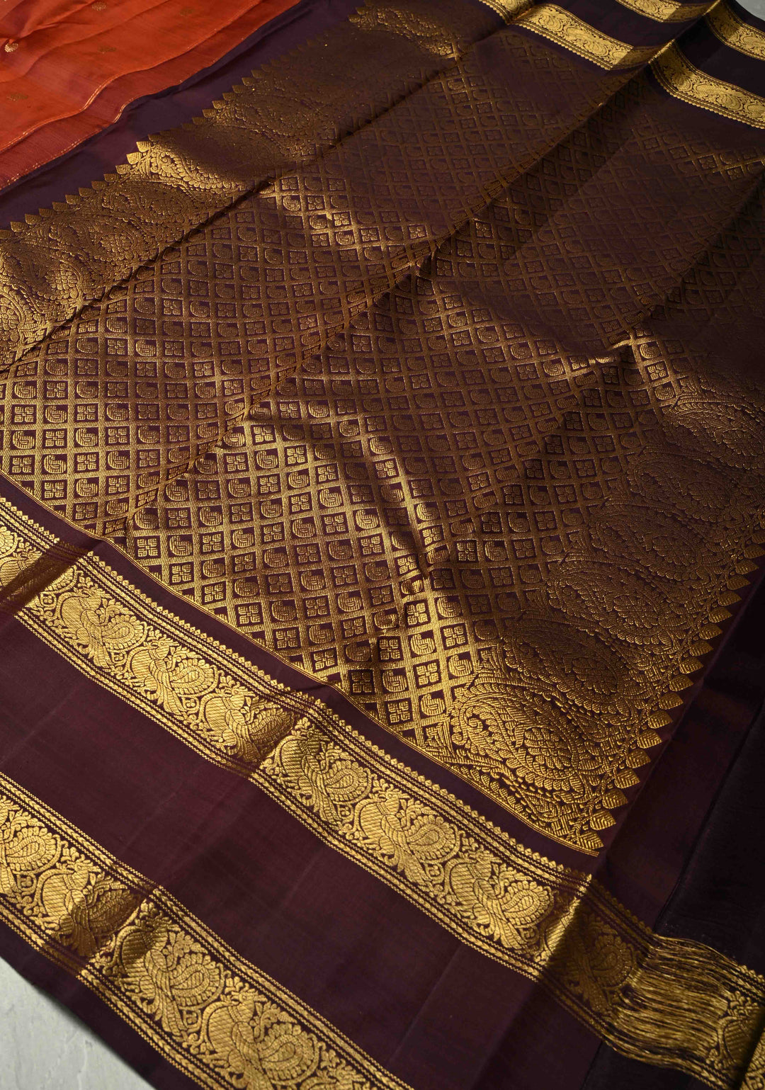 Rust Orange Gadwal Silk Saree with Zari Buttas and Wide Contrast Wide Zari Border | SILK MARK CERTIFIED