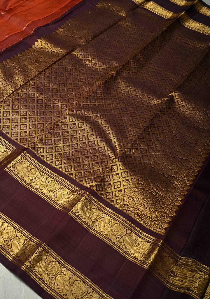 Rust Orange Gadwal Silk Saree with Zari Buttas and Wide Contrast Wide Zari Border | SILK MARK CERTIFIED