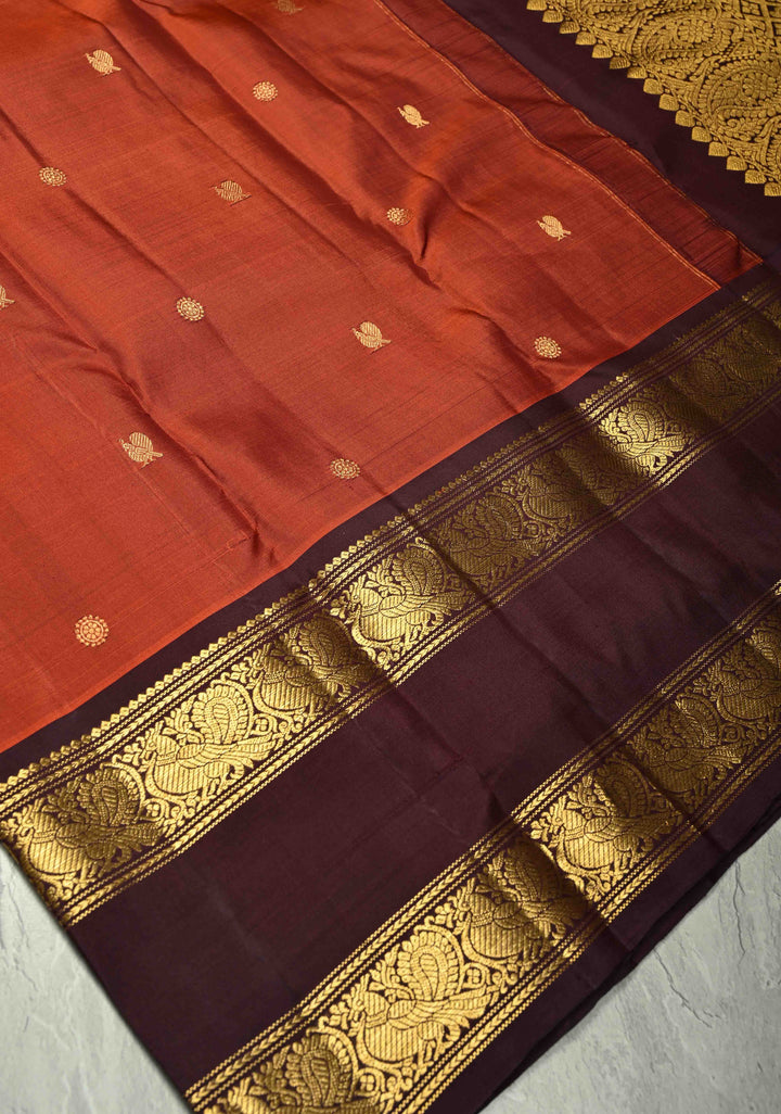 Rust Orange Gadwal Silk Saree with Zari Buttas and Wide Contrast Wide Zari Border | SILK MARK CERTIFIED