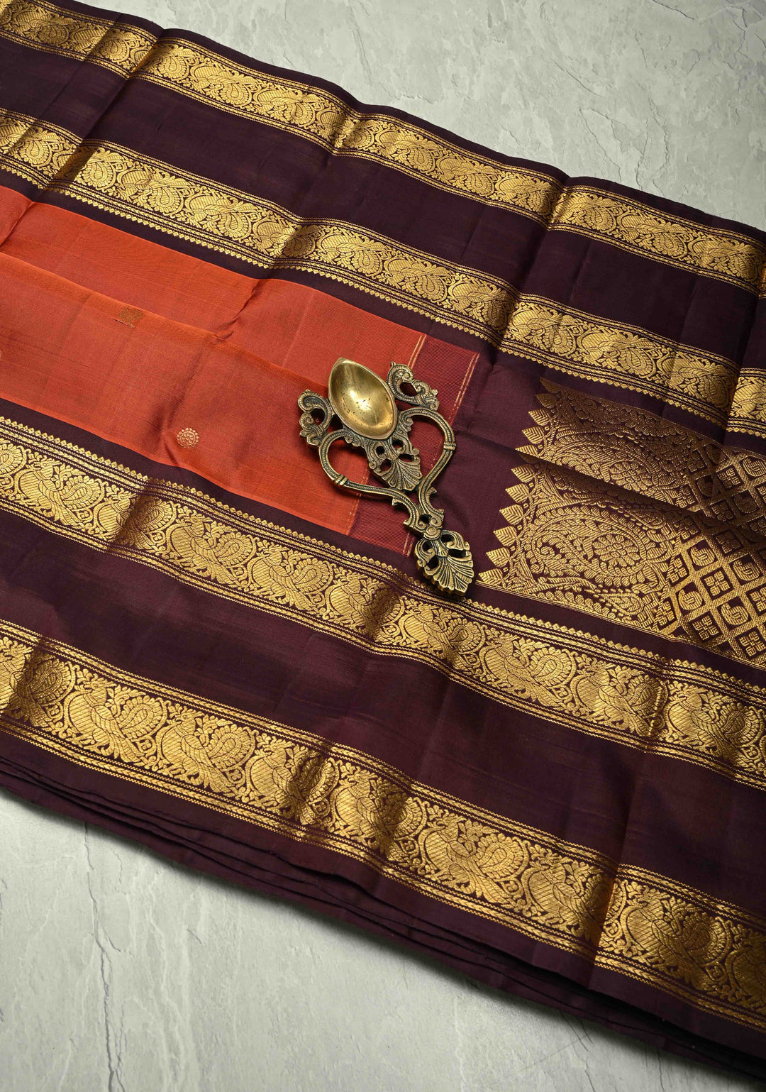 Rust Orange Gadwal Silk Saree with Zari Buttas and Wide Contrast Wide Zari Border | SILK MARK CERTIFIED