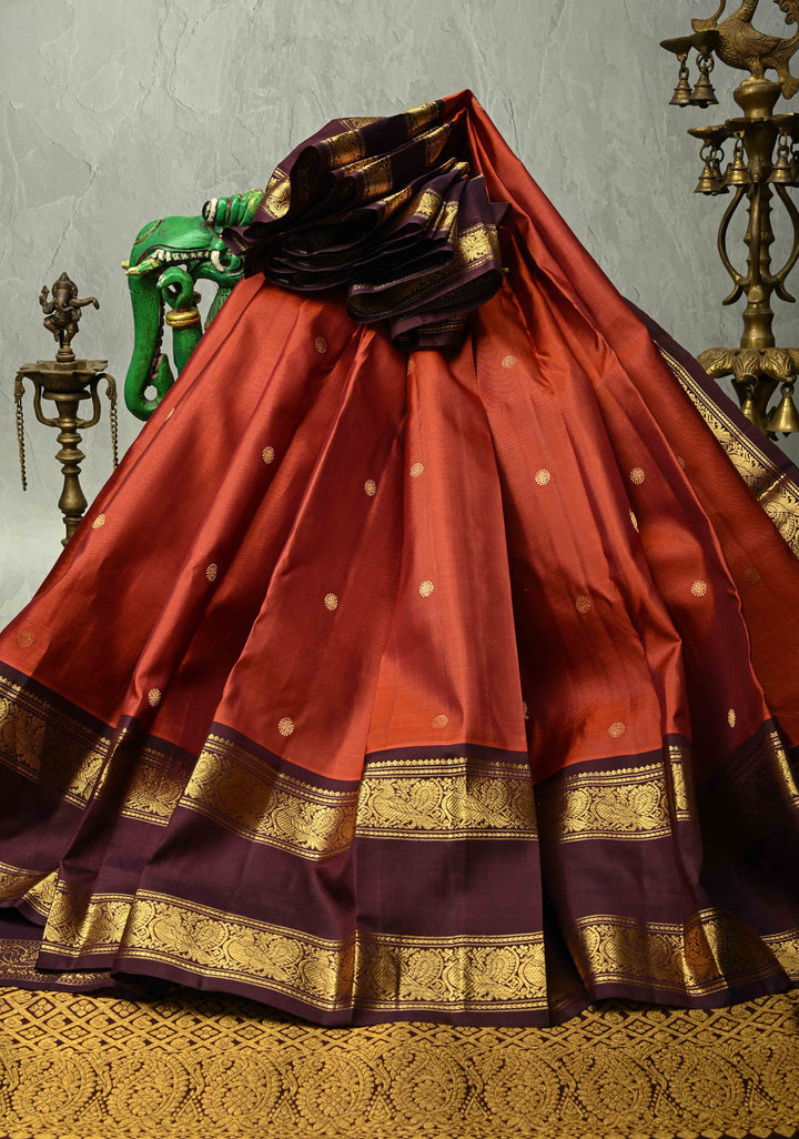 Rust Orange Gadwal Silk Saree with Zari Buttas and Wide Contrast Wide Zari Border | SILK MARK CERTIFIED