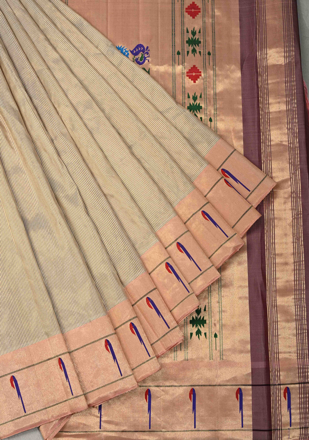 Beige Gadwal Paithani Handloom Silk Saree with Single Muniya Borders and Peacock Motifs on Pallu | SILK MARK CERTIFIED | SHOBITAM