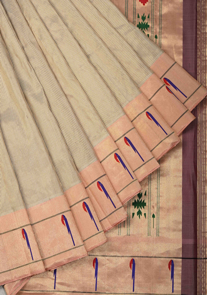 Beige Gadwal Paithani Handloom Silk Saree with Single Muniya Borders and Peacock Motifs on Pallu | SILK MARK CERTIFIED | SHOBITAM