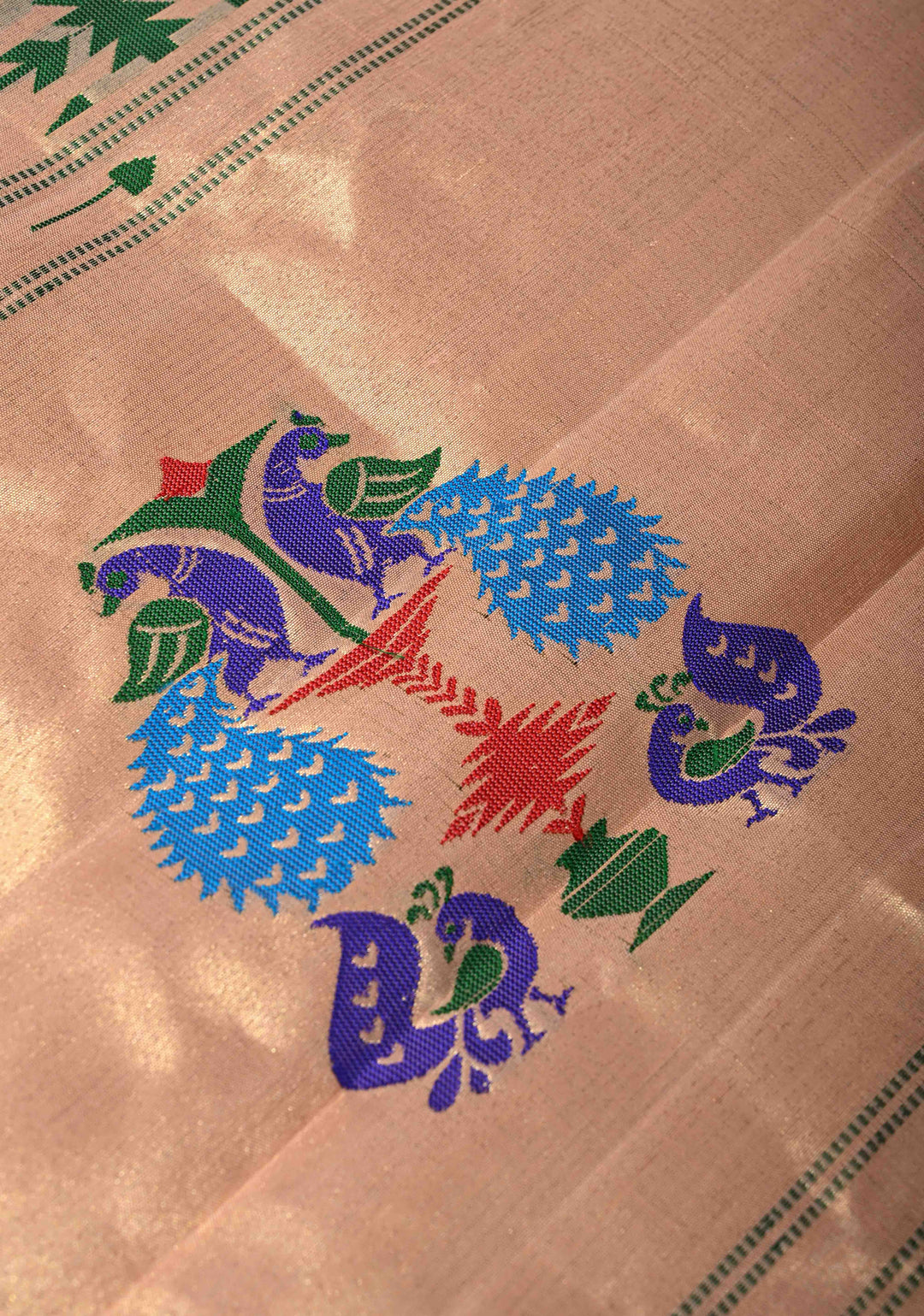 Beige Gadwal Paithani Handloom Silk Saree with Single Muniya Borders and Peacock Motifs on Pallu | SILK MARK CERTIFIED | SHOBITAM