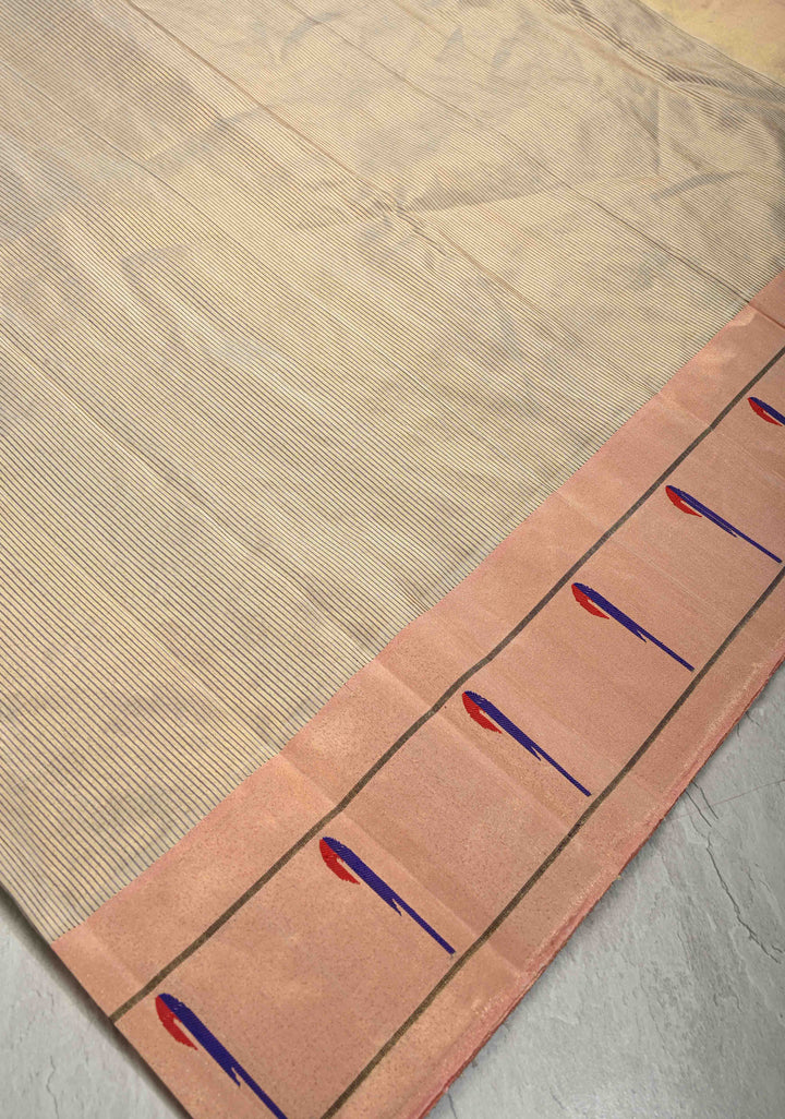 Beige Gadwal Paithani Handloom Silk Saree with Single Muniya Borders and Peacock Motifs on Pallu | SILK MARK CERTIFIED | SHOBITAM