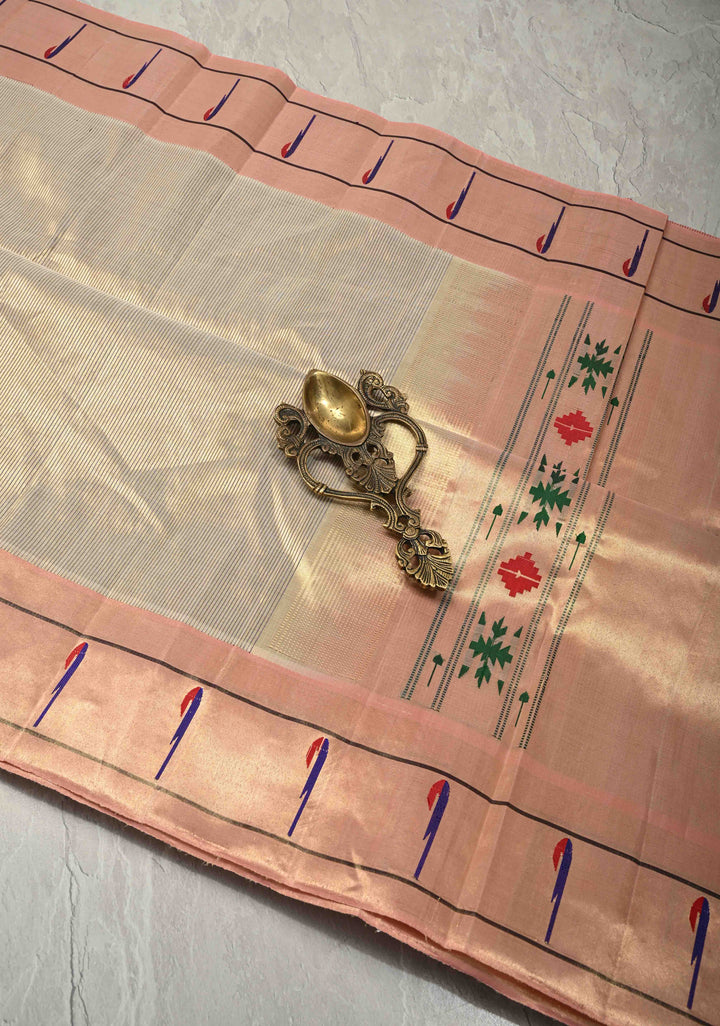 Beige Gadwal Paithani Handloom Silk Saree with Single Muniya Borders and Peacock Motifs on Pallu | SILK MARK CERTIFIED | SHOBITAM