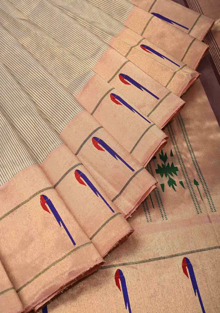 Beige Gadwal Paithani Handloom Silk Saree with Single Muniya Borders and Peacock Motifs on Pallu | SILK MARK CERTIFIED | SHOBITAM