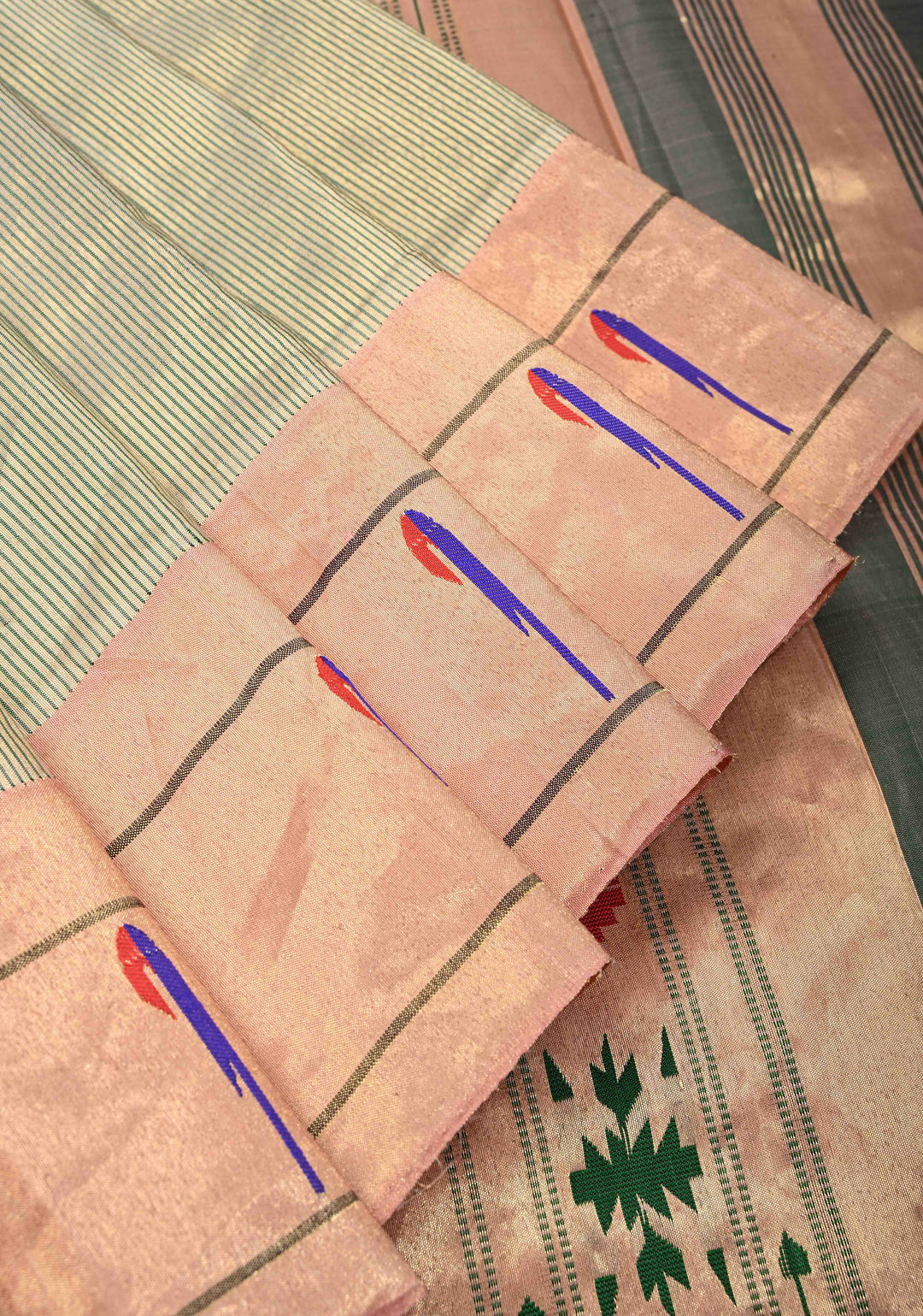 Tissue Stripes Paithani design Gadwal Handloom Silk Saree with Single Muniya Borders and Peacock Motifs on Pallu | SILK MARK CERTIFIED | SHOBITAM