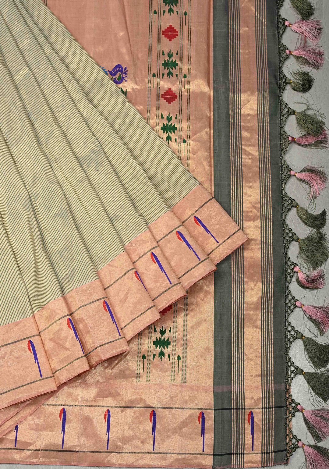 Tissue Stripes Paithani design Gadwal Handloom Silk Saree with Single Muniya Borders and Peacock Motifs on Pallu | SILK MARK CERTIFIED | SHOBITAM