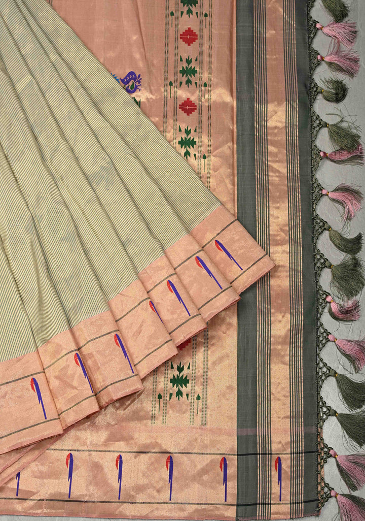 Tissue Stripes Paithani design Gadwal Handloom Silk Saree with Single Muniya Borders and Peacock Motifs on Pallu | SILK MARK CERTIFIED | SHOBITAM