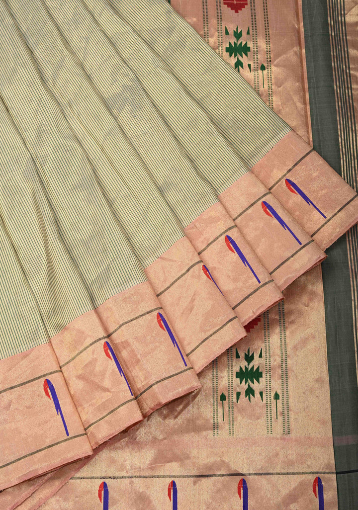 Tissue Stripes Paithani design Gadwal Handloom Silk Saree with Single Muniya Borders and Peacock Motifs on Pallu | SILK MARK CERTIFIED | SHOBITAM