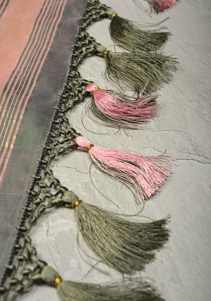 Tissue Stripes Paithani design Gadwal Handloom Silk Saree with Single Muniya Borders and Peacock Motifs on Pallu | SILK MARK CERTIFIED | SHOBITAM