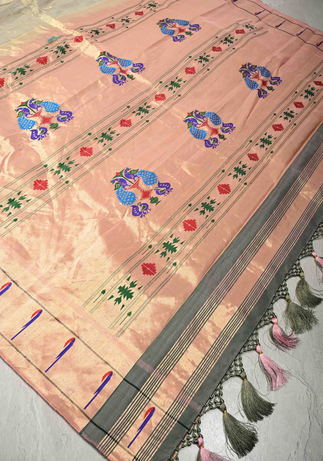 Tissue Stripes Paithani design Gadwal Handloom Silk Saree with Single Muniya Borders and Peacock Motifs on Pallu | SILK MARK CERTIFIED | SHOBITAM