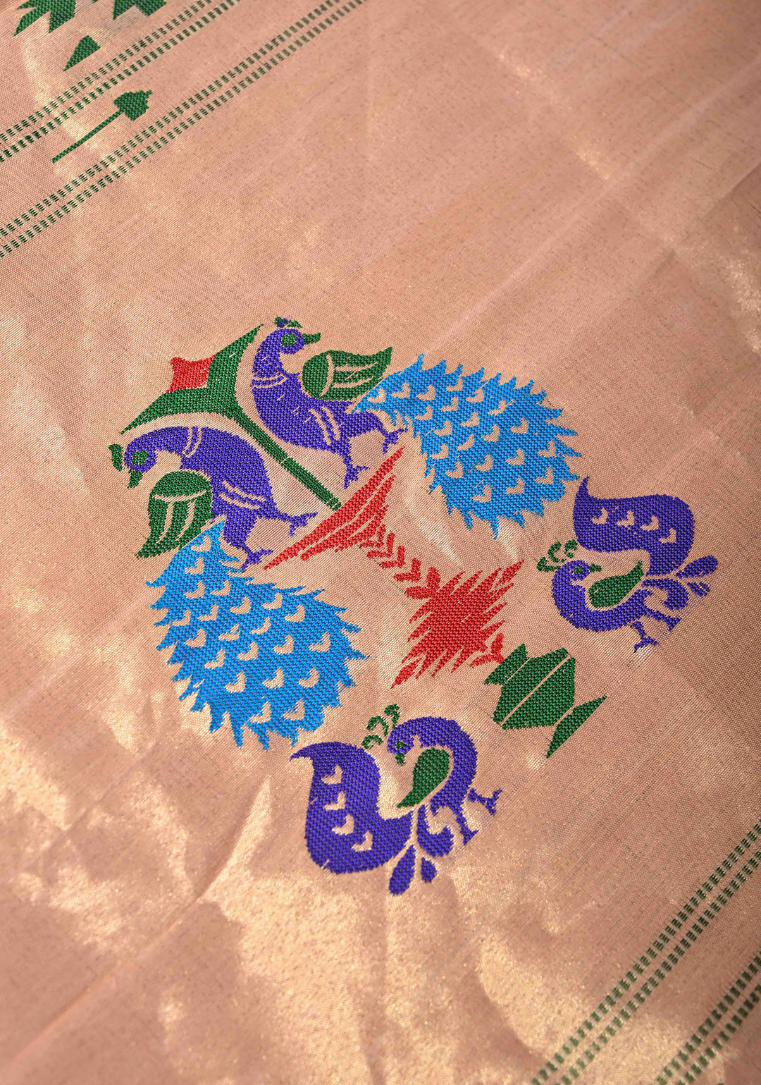 Tissue Stripes Paithani design Gadwal Handloom Silk Saree with Single Muniya Borders and Peacock Motifs on Pallu | SILK MARK CERTIFIED | SHOBITAM