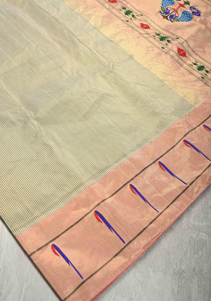 Tissue Stripes Paithani design Gadwal Handloom Silk Saree with Single Muniya Borders and Peacock Motifs on Pallu | SILK MARK CERTIFIED | SHOBITAM