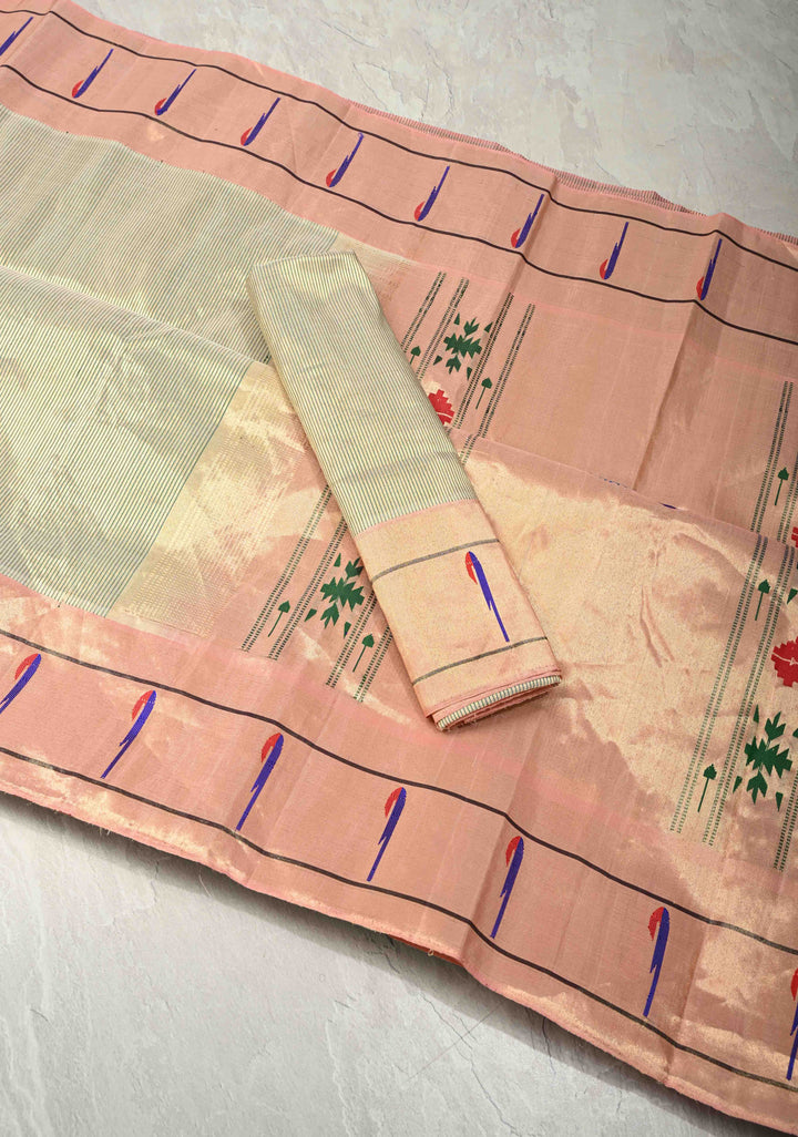 Tissue Stripes Paithani design Gadwal Handloom Silk Saree with Single Muniya Borders and Peacock Motifs on Pallu | SILK MARK CERTIFIED | SHOBITAM