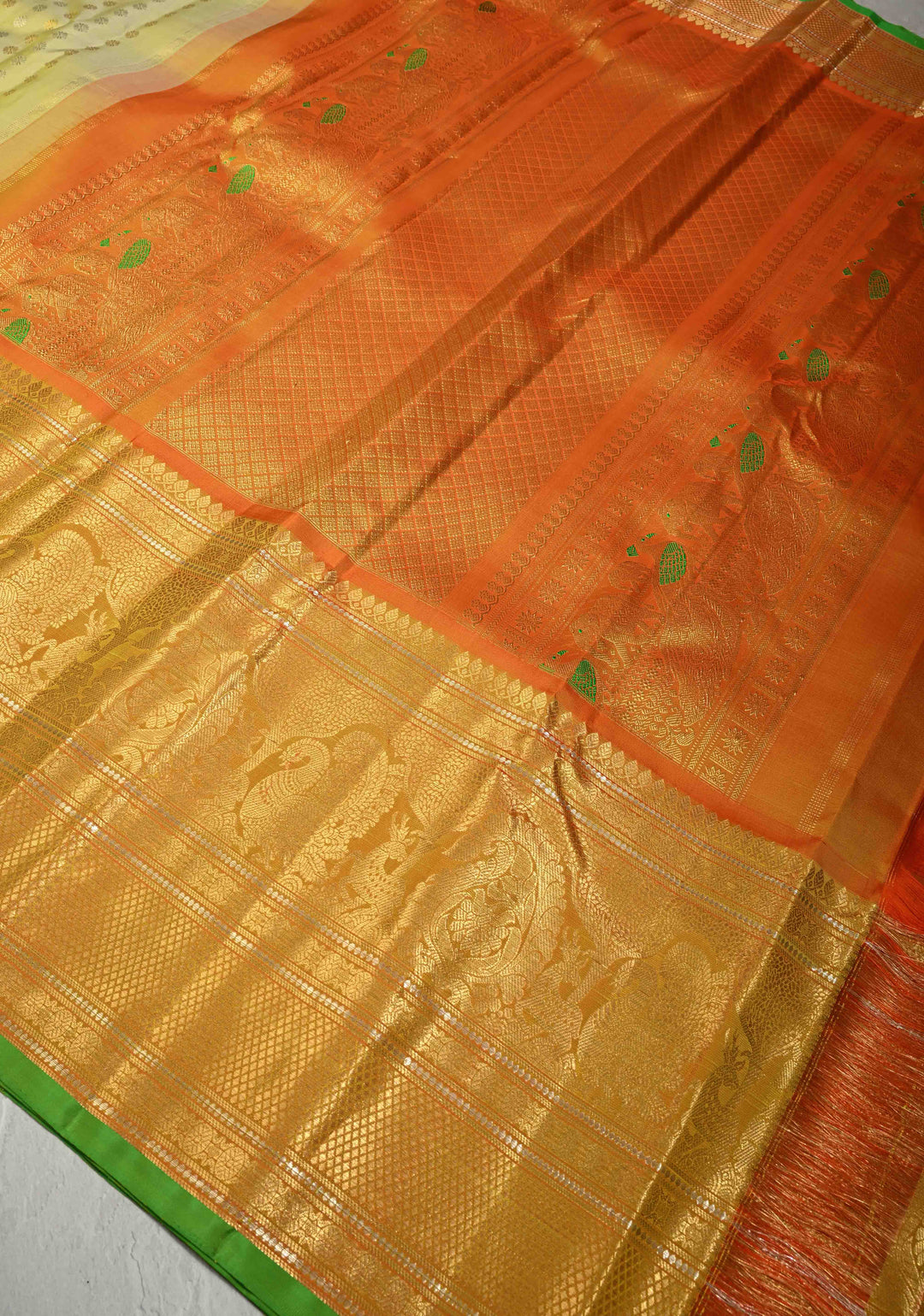 Chartreuse Pure Gadwal Silk Saree with Gold-Silver Buttas and Contrast Wide Zari Border | SILK MARK CERTIFIED