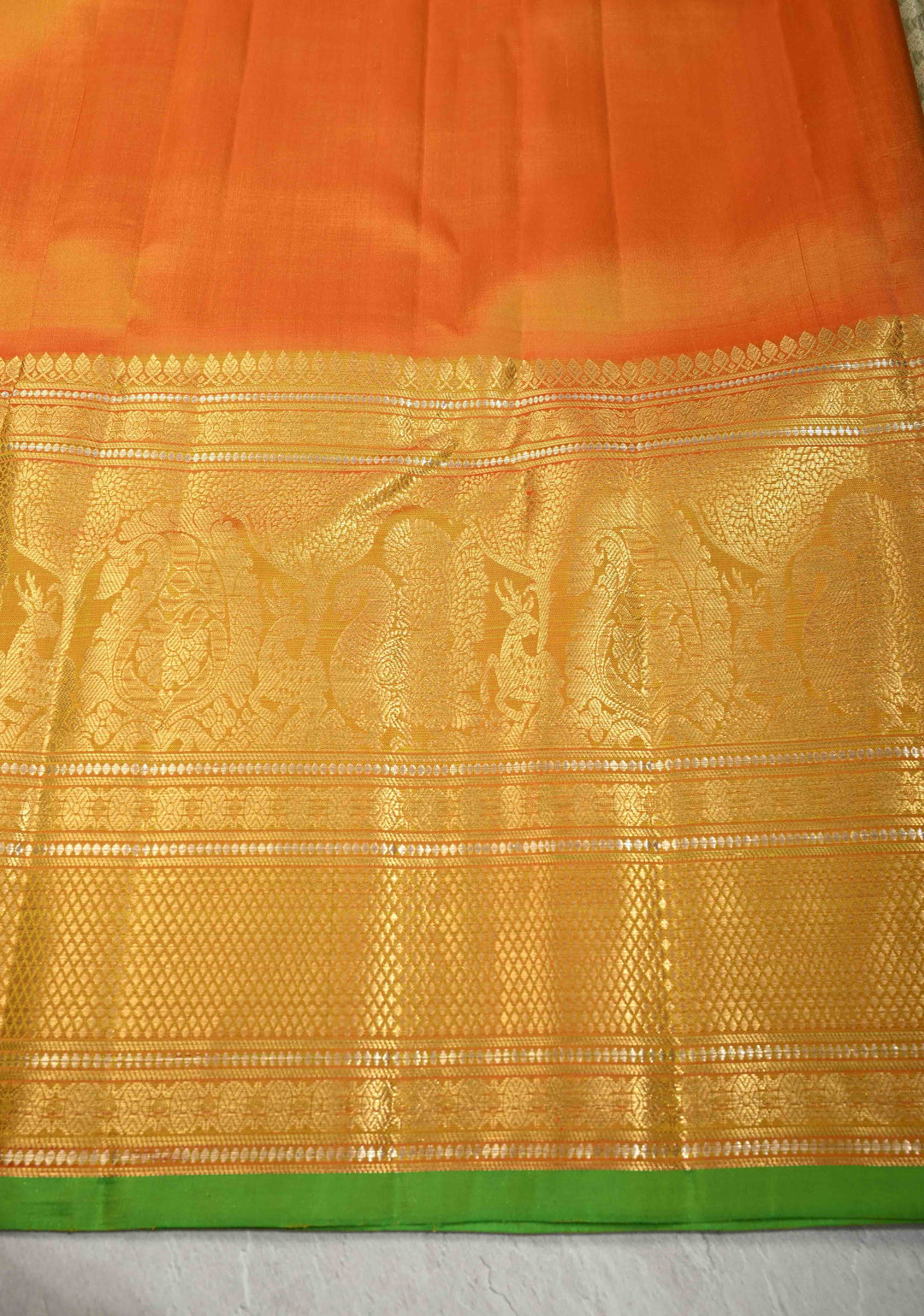 Chartreuse Pure Gadwal Silk Saree with Gold-Silver Buttas and Contrast Wide Zari Border | SILK MARK CERTIFIED
