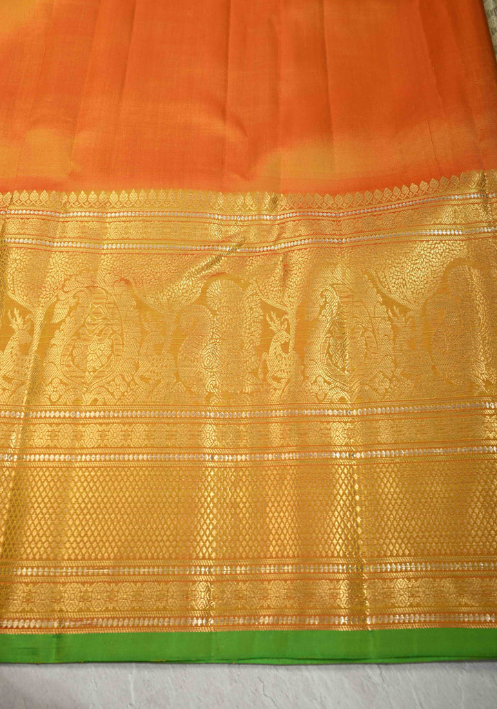 Chartreuse Pure Gadwal Silk Saree with Gold-Silver Buttas and Contrast Wide Zari Border | SILK MARK CERTIFIED