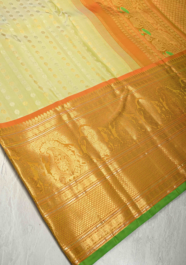 Chartreuse Pure Gadwal Silk Saree with Gold-Silver Buttas and Contrast Wide Zari Border | SILK MARK CERTIFIED