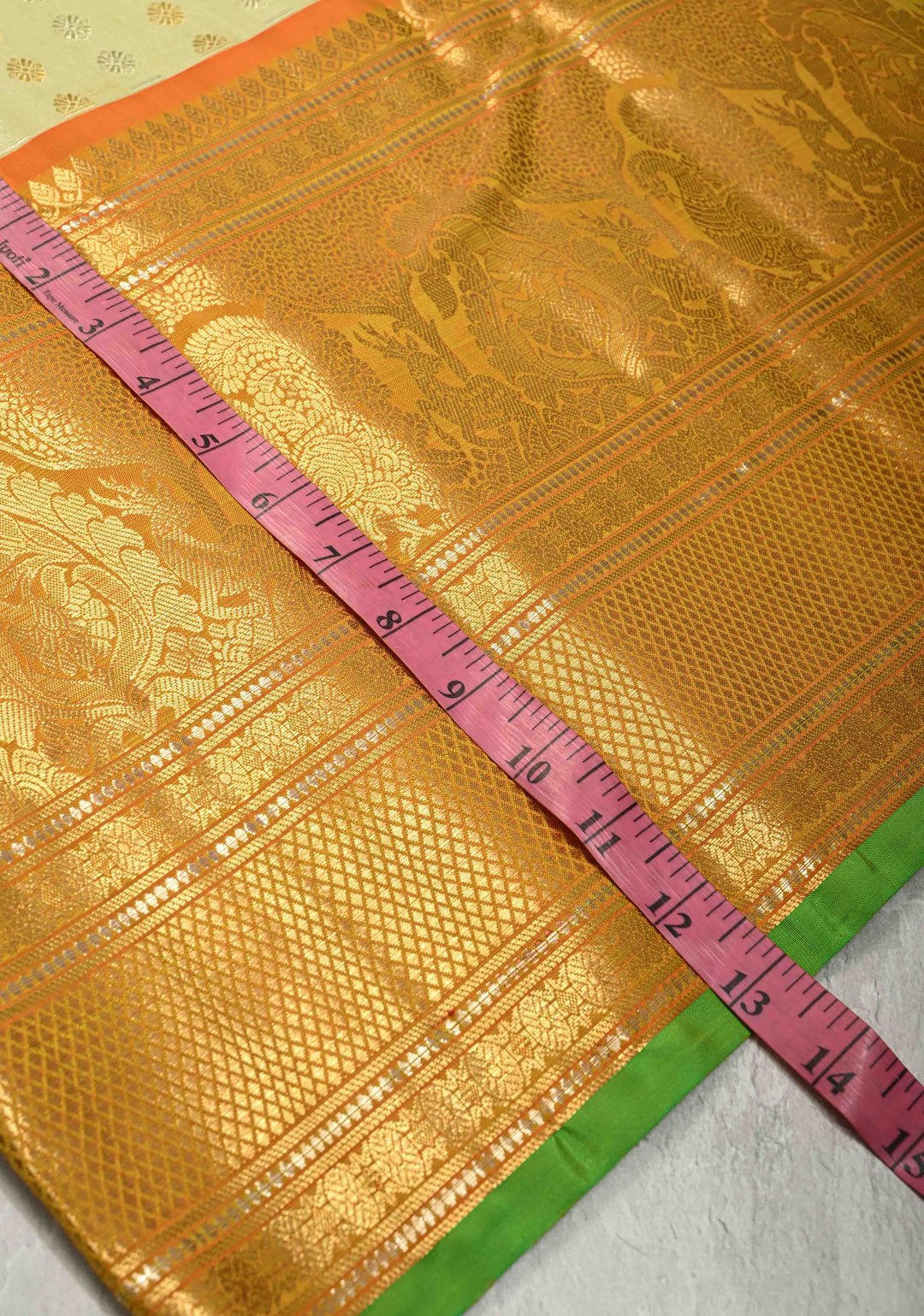 Chartreuse Pure Gadwal Silk Saree with Gold-Silver Buttas and Contrast Wide Zari Border | SILK MARK CERTIFIED