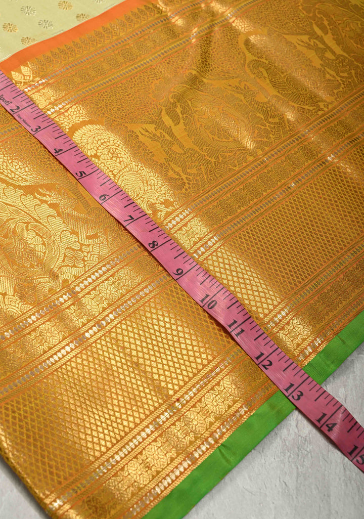 Chartreuse Pure Gadwal Silk Saree with Gold-Silver Buttas and Contrast Wide Zari Border | SILK MARK CERTIFIED