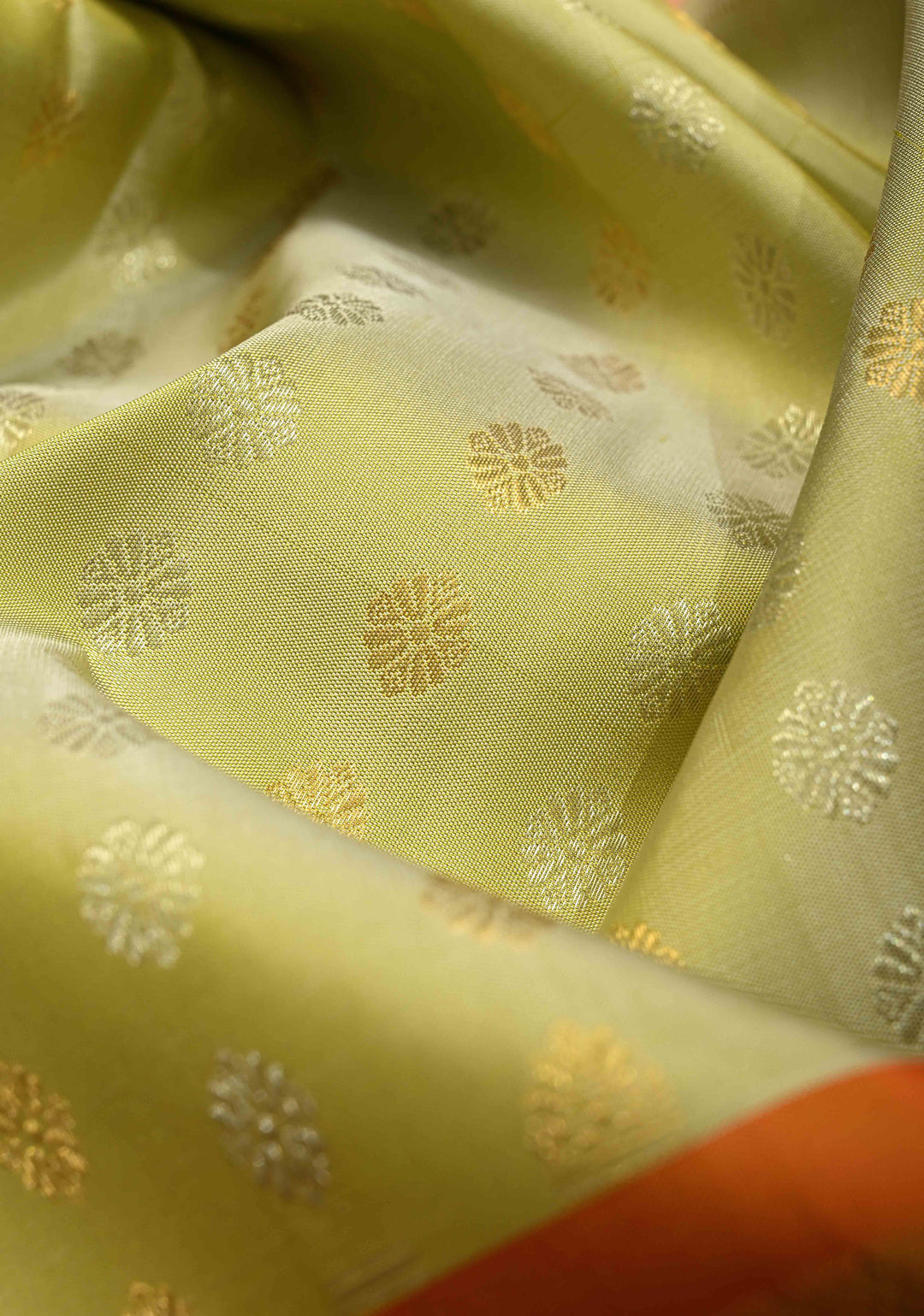 Chartreuse Pure Gadwal Silk Saree with Gold-Silver Buttas and Contrast Wide Zari Border | SILK MARK CERTIFIED