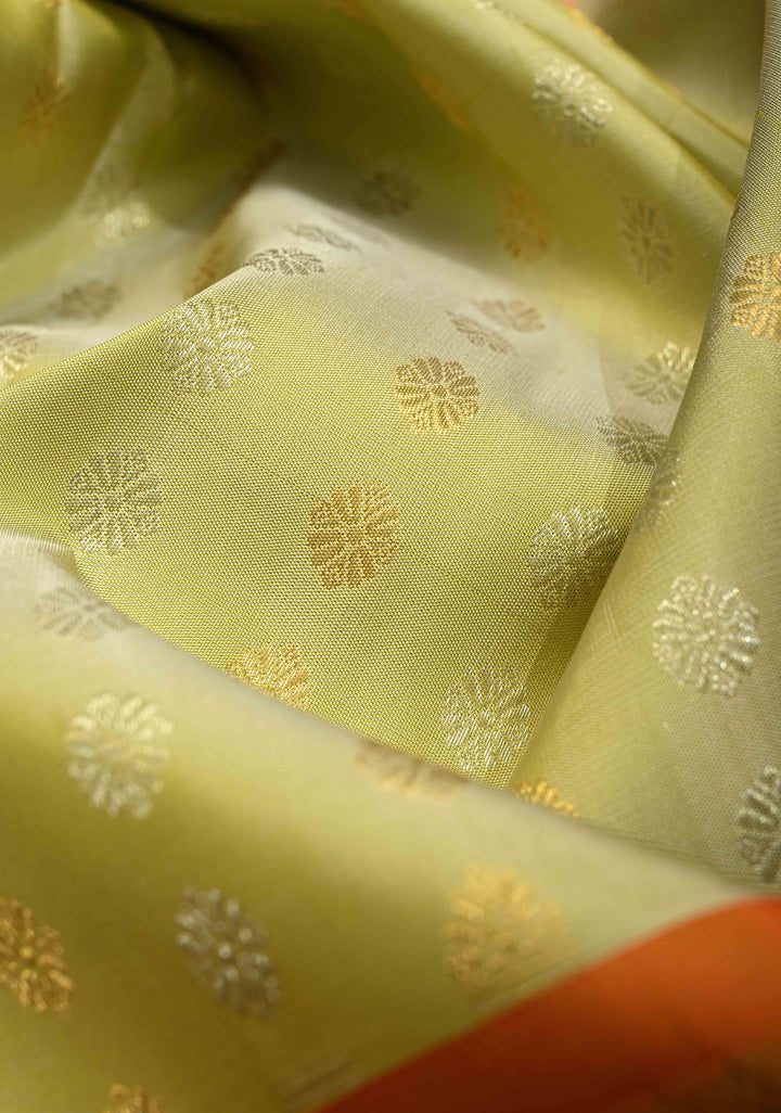 Chartreuse Pure Gadwal Silk Saree with Gold-Silver Buttas and Contrast Wide Zari Border | SILK MARK CERTIFIED