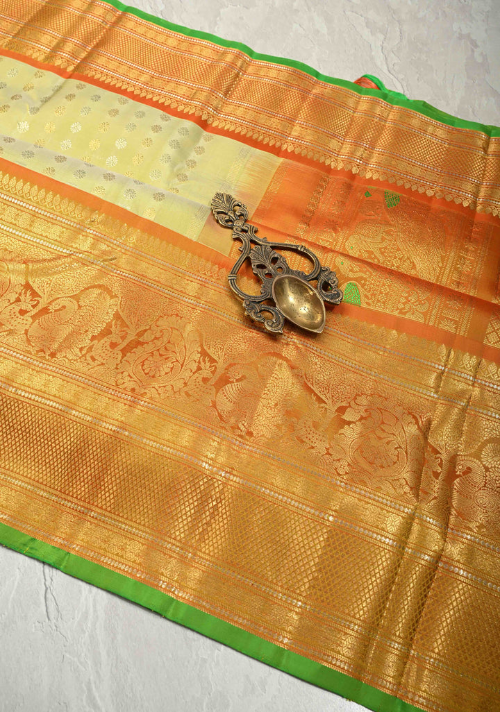 Chartreuse Pure Gadwal Silk Saree with Gold-Silver Buttas and Contrast Wide Zari Border | SILK MARK CERTIFIED
